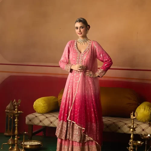 Pink Embroidery Work Chinon Fabric Anarkali and Trouser With Dupatta